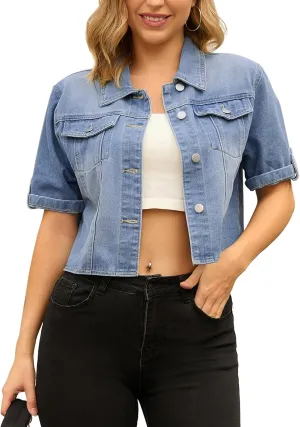 Women's Summer Short Sleeve Denim Jackets Collared Button Up Cropped Jean Jacket