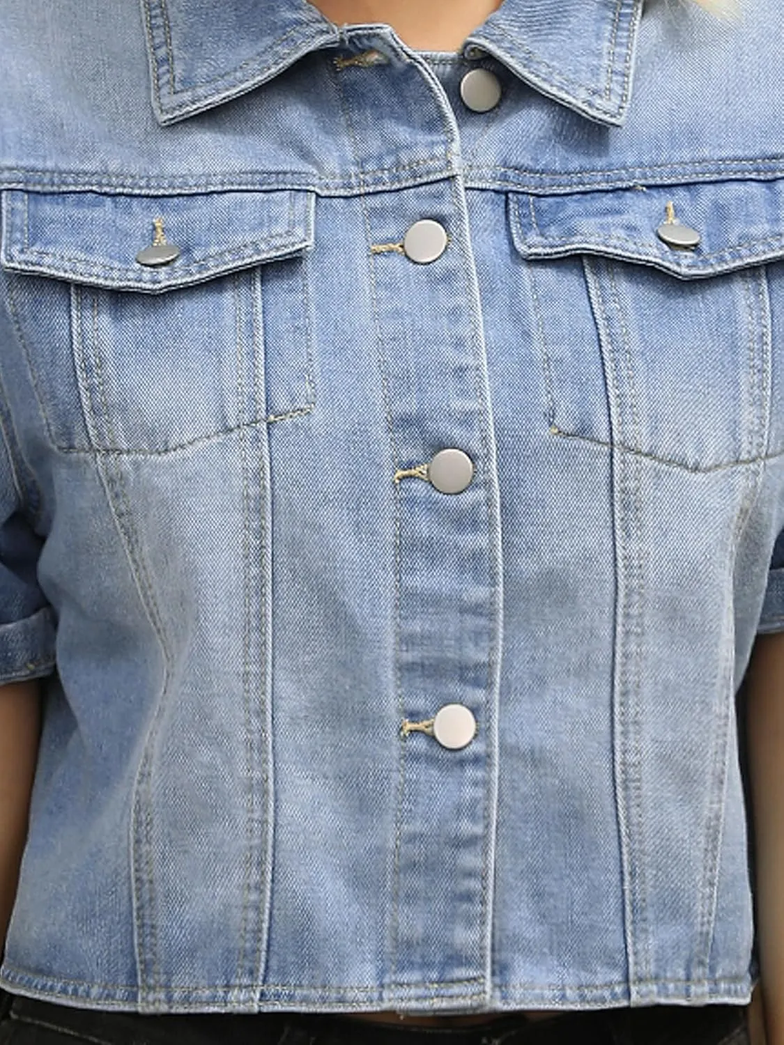 Women's Summer Short Sleeve Denim Jackets Collared Button Up Cropped Jean Jacket