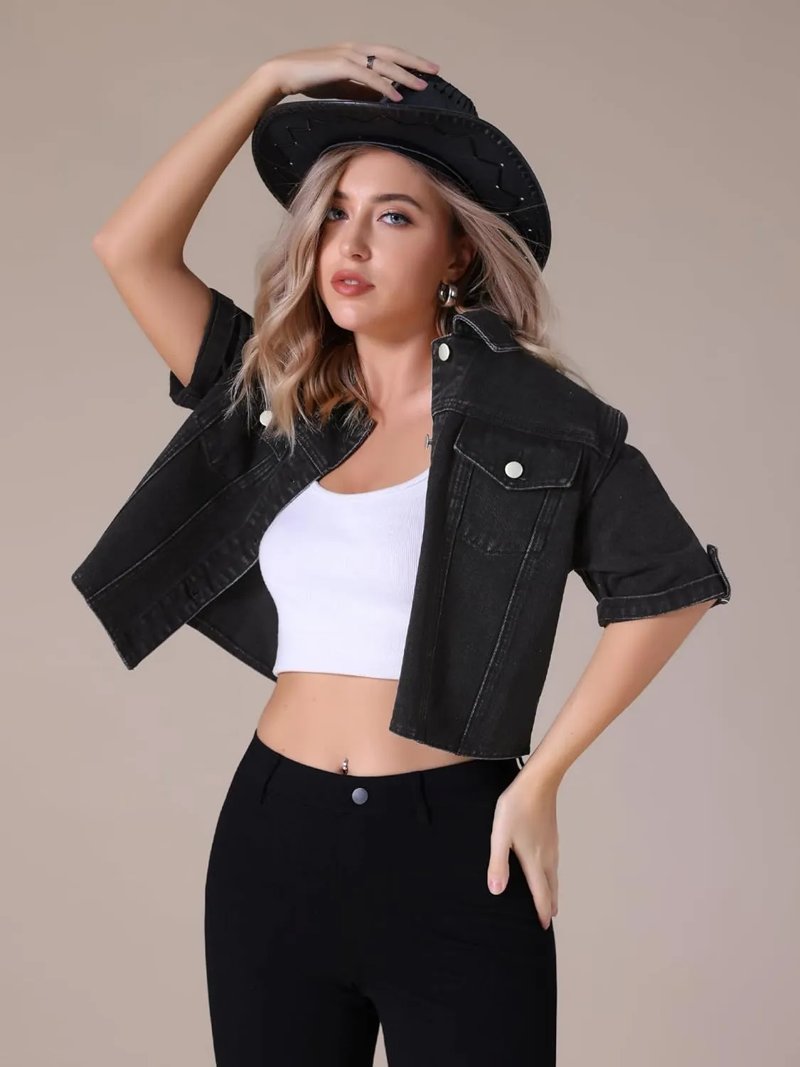 Women's Summer Short Sleeve Denim Jackets Collared Button Up Cropped Jean Jacket