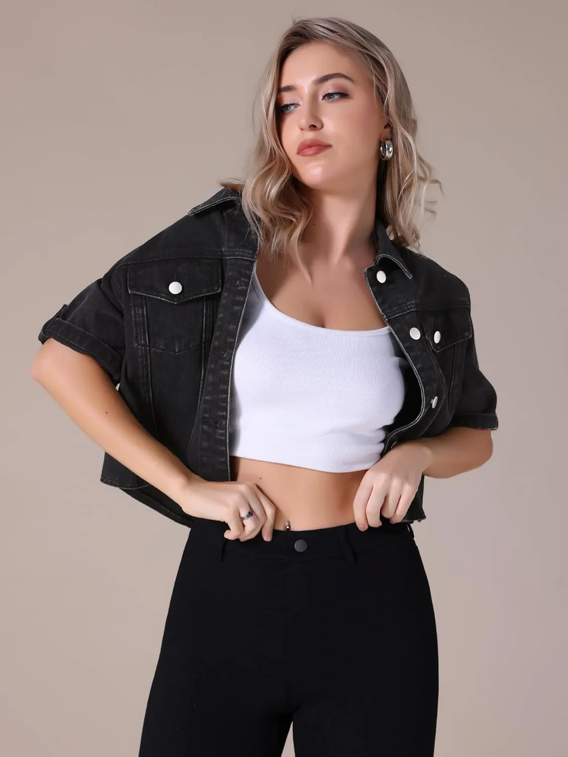 Women's Summer Short Sleeve Denim Jackets Collared Button Up Cropped Jean Jacket