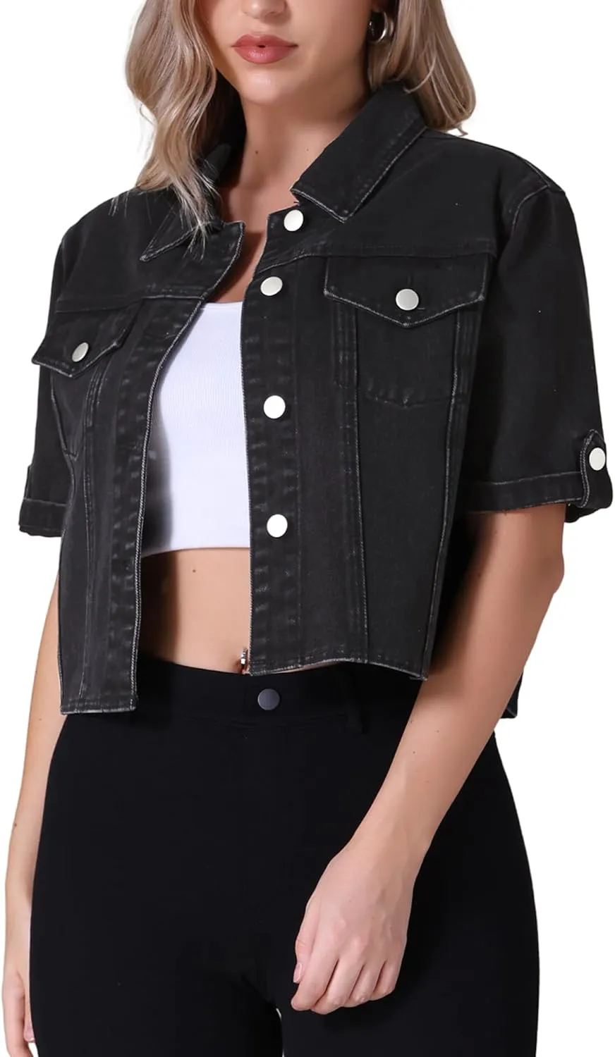 Women's Summer Short Sleeve Denim Jackets Collared Button Up Cropped Jean Jacket
