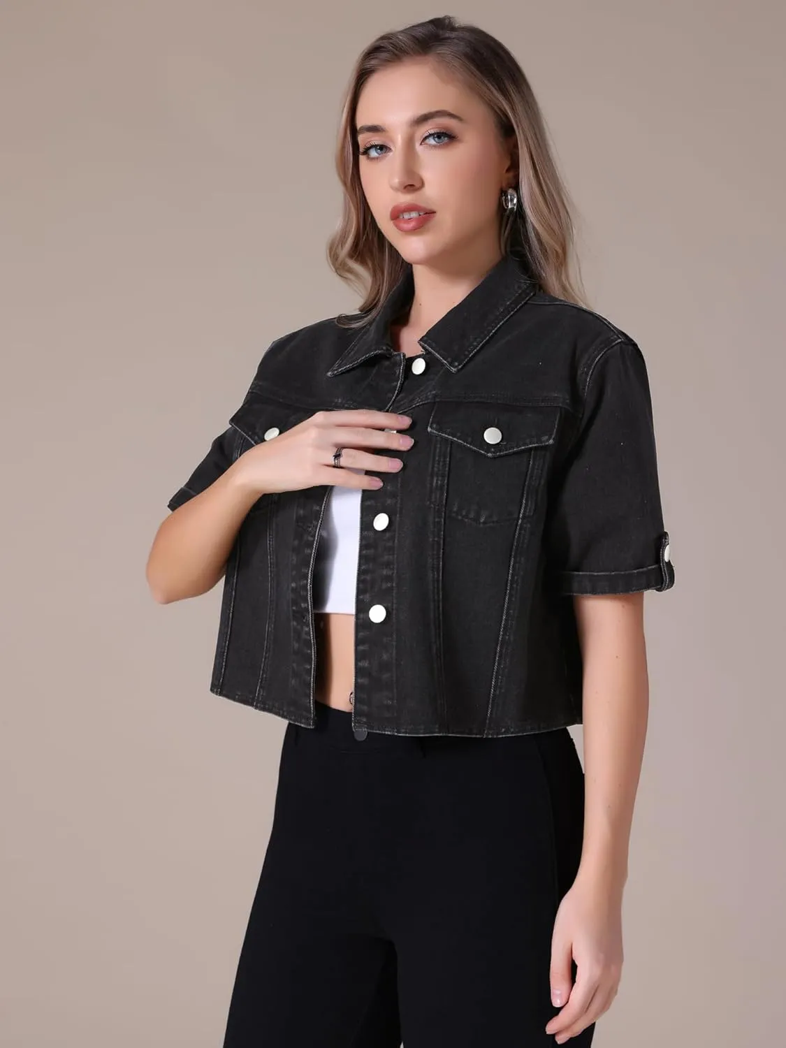 Women's Summer Short Sleeve Denim Jackets Collared Button Up Cropped Jean Jacket