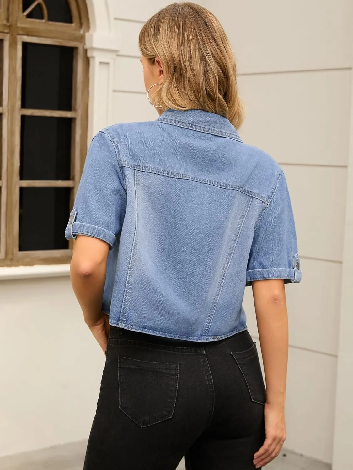 Women's Summer Short Sleeve Denim Jackets Collared Button Up Cropped Jean Jacket