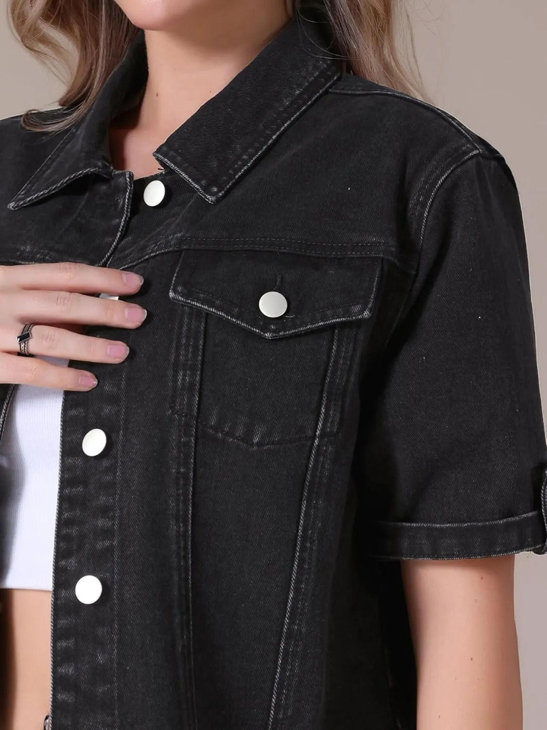 Women's Summer Short Sleeve Denim Jackets Collared Button Up Cropped Jean Jacket
