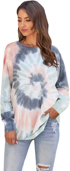 Women's Tie Dye Sweatshirts Color Block Pullover Loose Oversized Long Sleeve Crewneck Tops Shirts