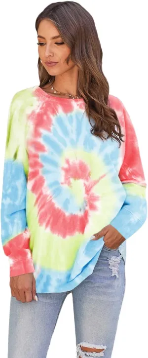 Women's Tie Dye Sweatshirts Color Block Pullover Loose Oversized Long Sleeve Crewneck Tops Shirts