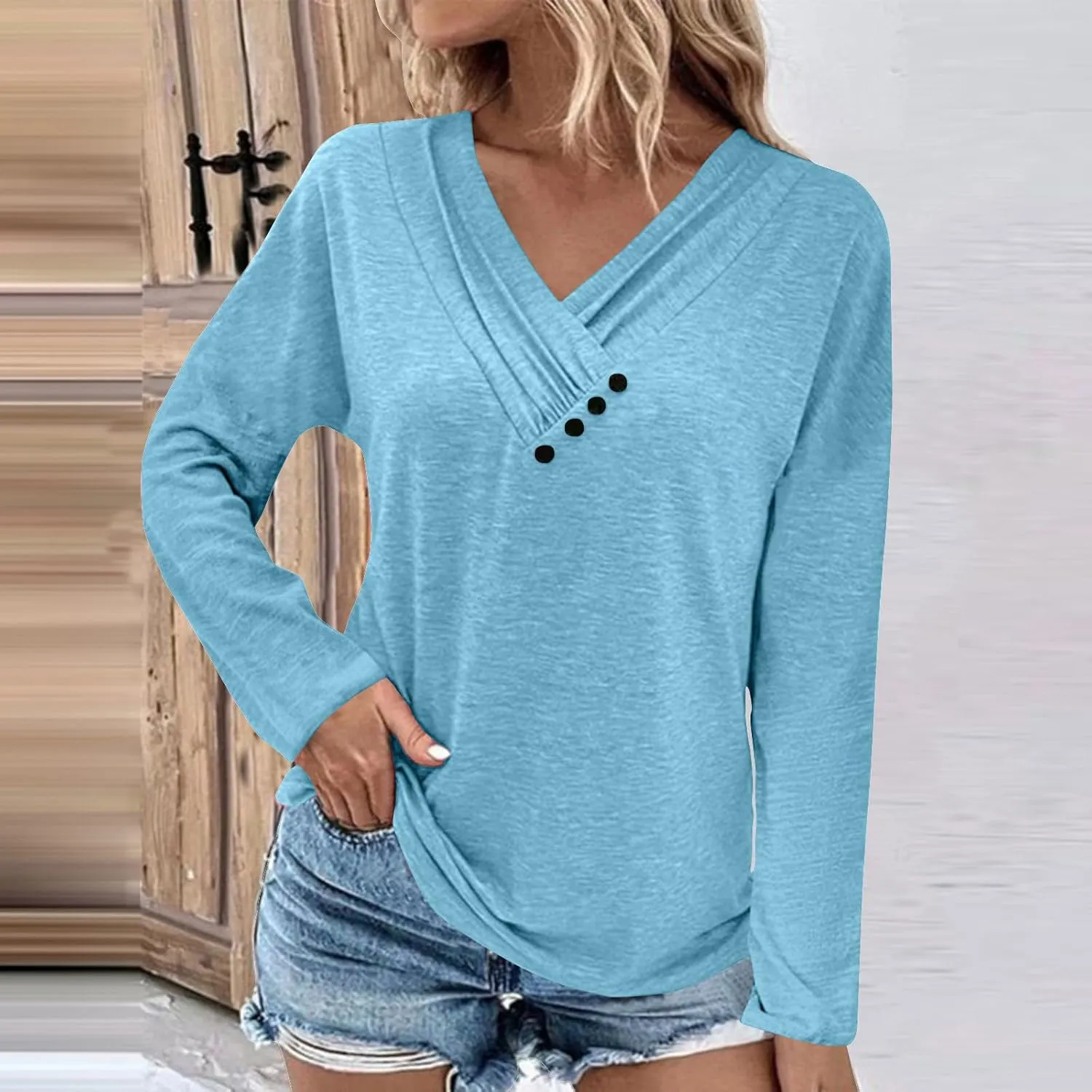 Womens Tops Button V Neck Long Sleeve T Shirt Chest Panel Ruched Solid Color Sweatshirts Lightweight Pullover