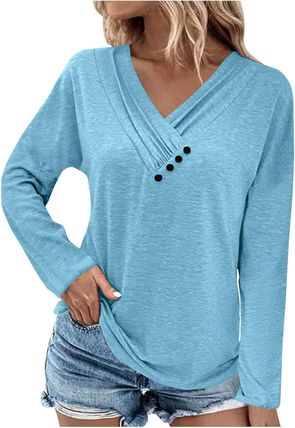 Womens Tops Button V Neck Long Sleeve T Shirt Chest Panel Ruched Solid Color Sweatshirts Lightweight Pullover