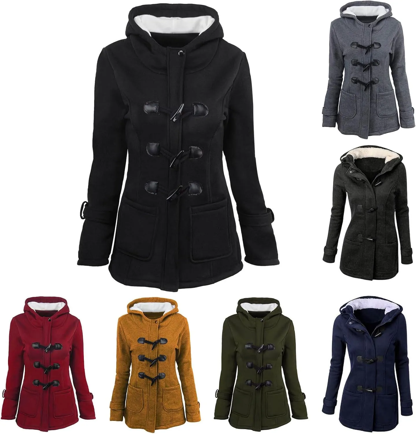Womens Winter Coats Plus Size Horn Button Fleece Coat Thicken Warm Sherpa Lined Hoodie Coat with Pockets