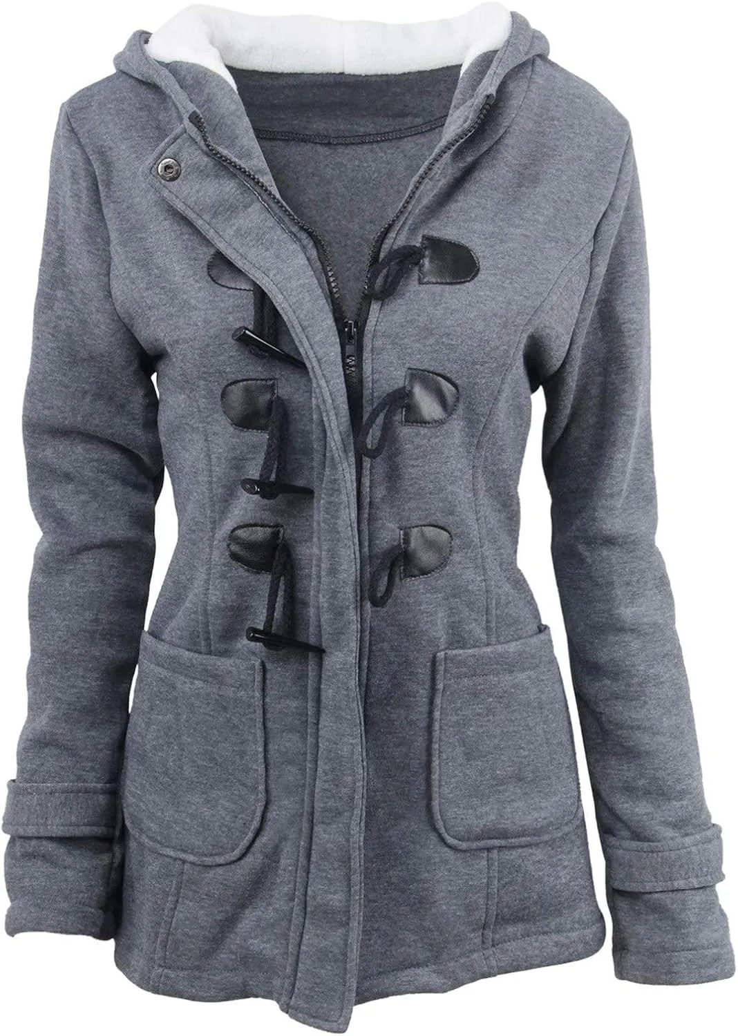 Womens Winter Coats Plus Size Horn Button Fleece Coat Thicken Warm Sherpa Lined Hoodie Coat with Pockets
