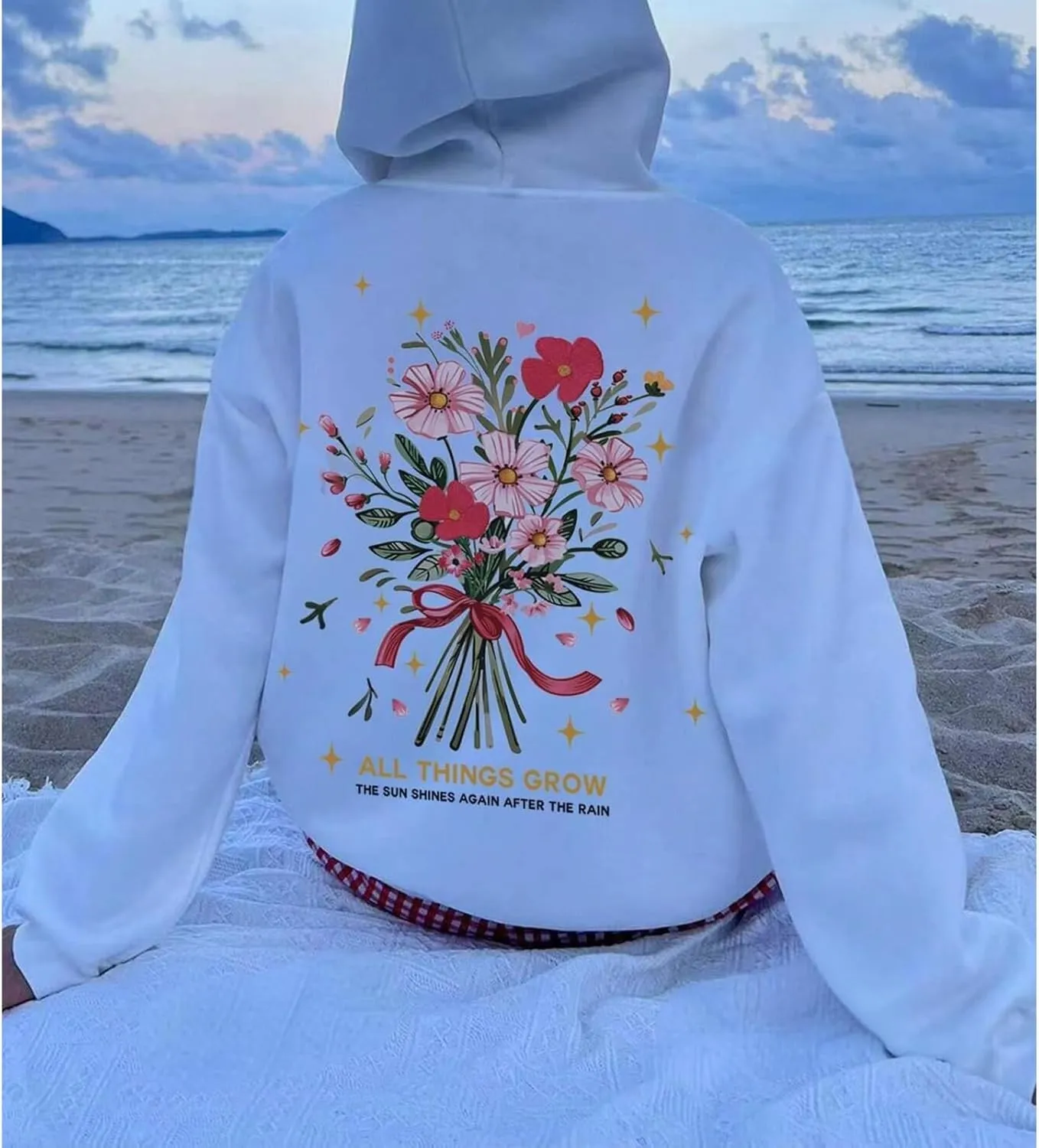 Womens Y2k Oversized Graphic Flower Printed Hoodies Letter Aesthetics Pullover Long Sleeve Sweaters