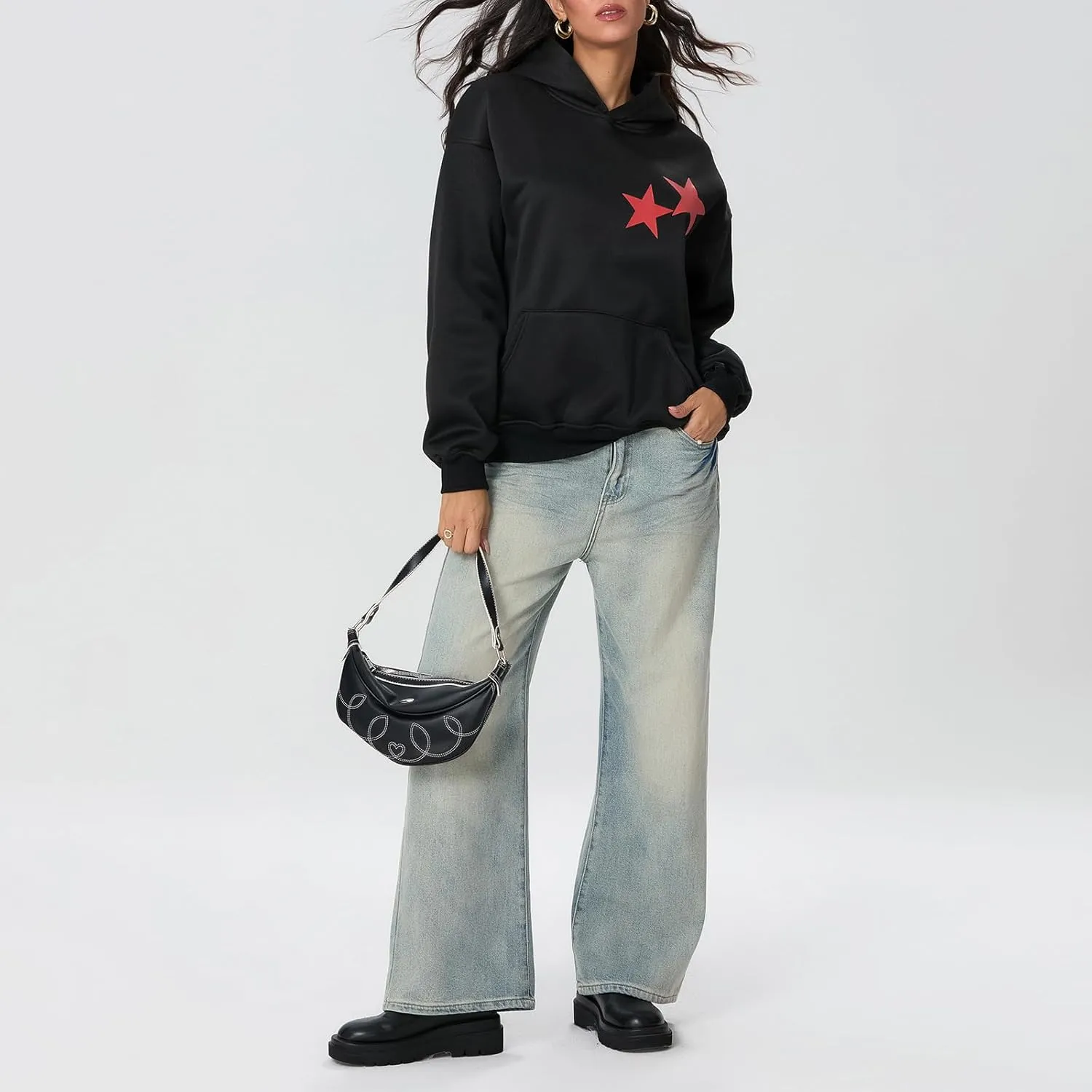 Womens Y2k Oversized Graphic Flower Printed Hoodies Letter Aesthetics Pullover Long Sleeve Sweaters