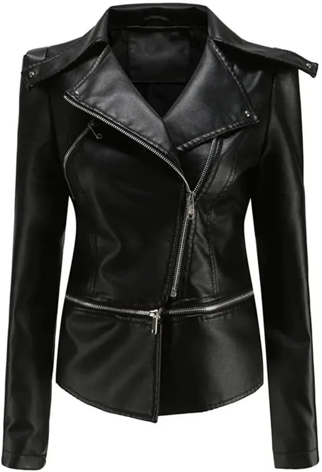 Women's Zipper The Hem Is Removable Leather Jackets Motorcycle Leather Jackets