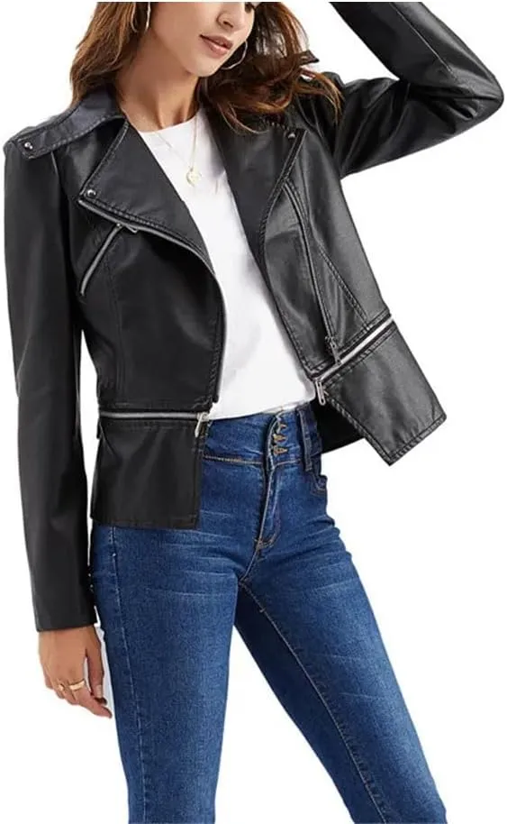 Women's Zipper The Hem Is Removable Leather Jackets Motorcycle Leather Jackets