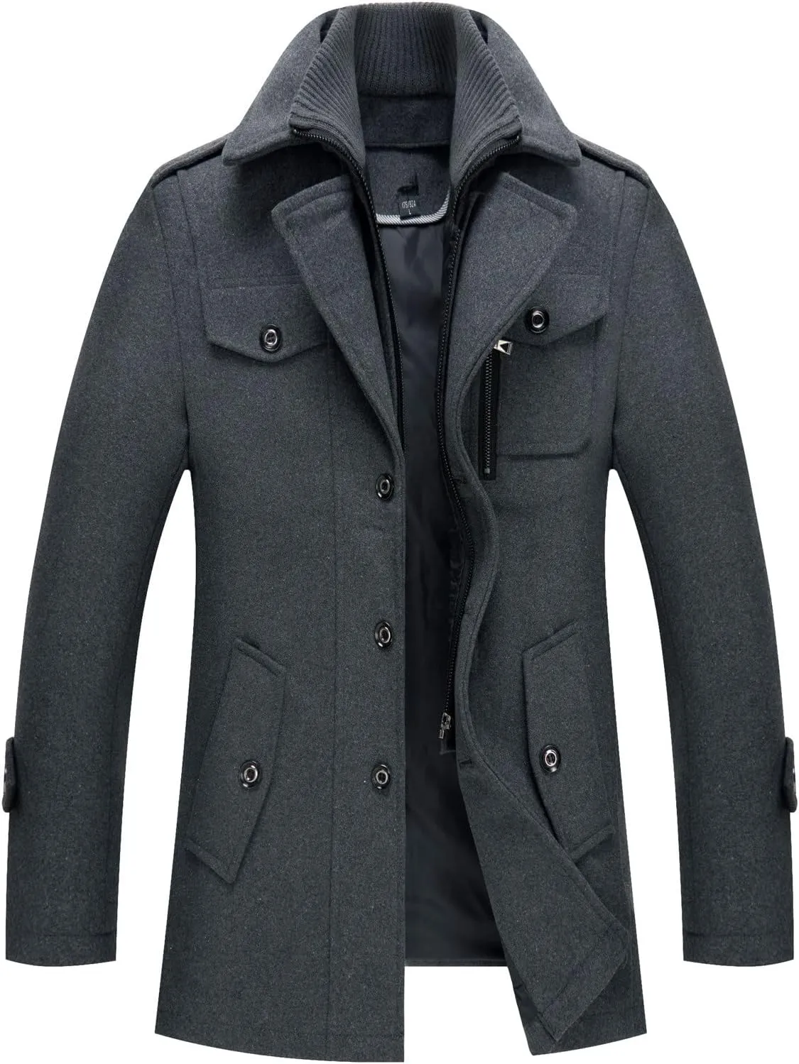 Wool Blend Pea Coat for Men Single Breasted Notched Lapel Jackets Double Layer Winter Windproof Trench Coat Overcoat
