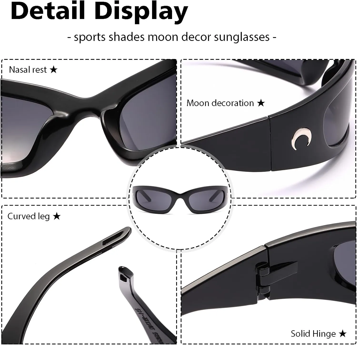 Wrap Round Sunglasses Y2K Trendy, Fashion Black Sport Shades Moon Décor…