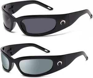 Wrap Round Sunglasses Y2K Trendy, Fashion Black Sport Shades Moon Décor…