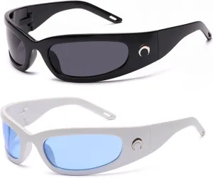 Wrap Round Sunglasses Y2K Trendy, Fashion Black Sport Shades Moon Décor…