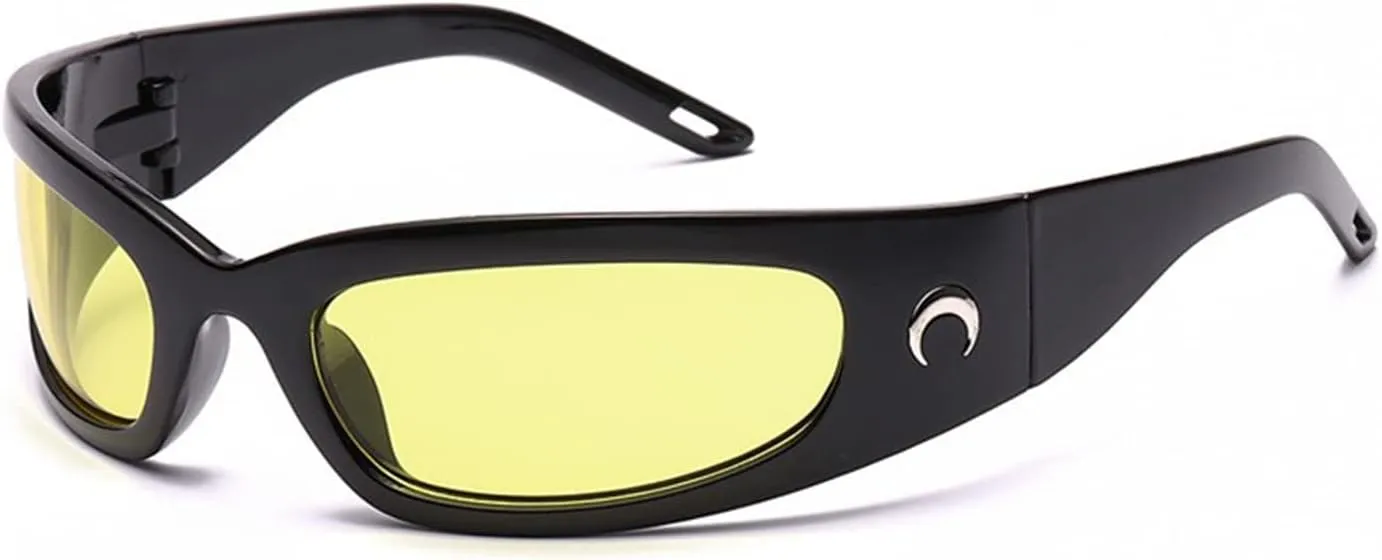 Wrap Round Sunglasses Y2K Trendy, Fashion Black Sport Shades Moon Décor…
