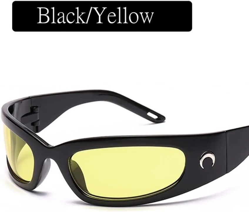 Wrap Round Sunglasses Y2K Trendy, Fashion Black Sport Shades Moon Décor…