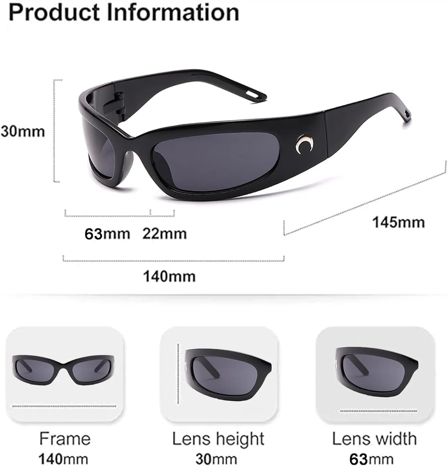 Wrap Round Sunglasses Y2K Trendy, Fashion Black Sport Shades Moon Décor…