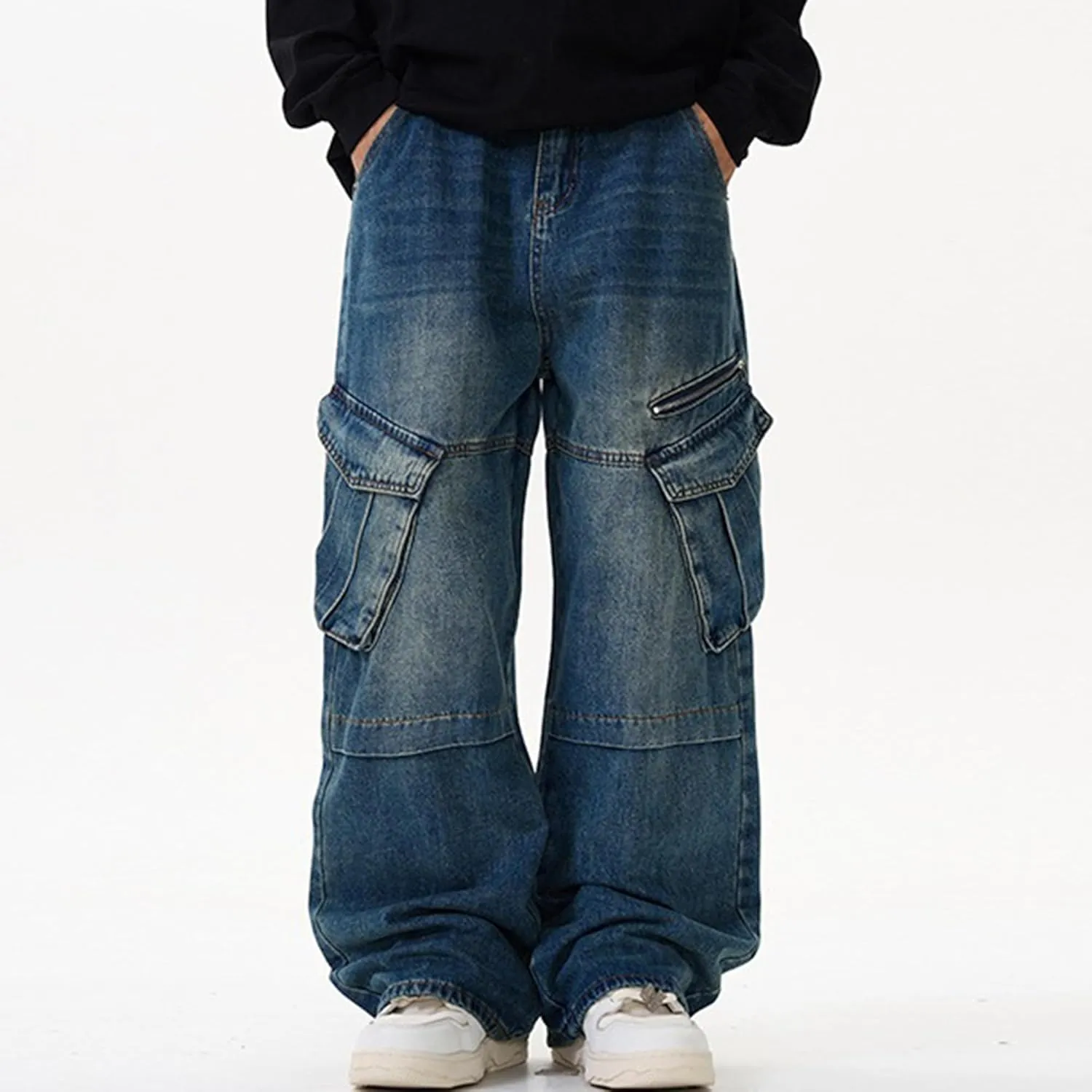 XYXIONGMAO Men's Black Hip Hop Washed Vintage Denim Techwear Streetwear Patchwork Joggers Cargo Pants Multi-Pocket Sweatpants