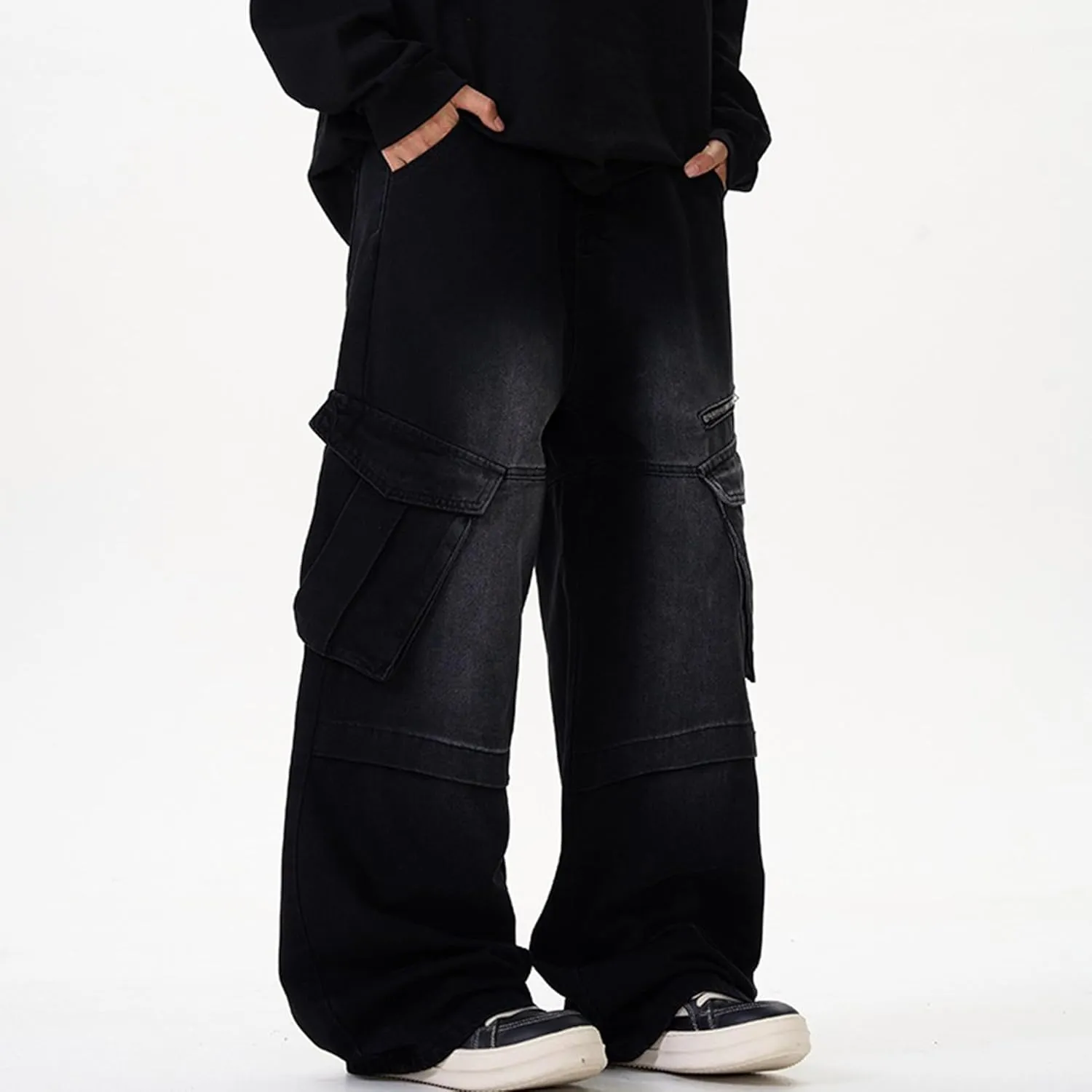 XYXIONGMAO Men's Black Hip Hop Washed Vintage Denim Techwear Streetwear Patchwork Joggers Cargo Pants Multi-Pocket Sweatpants