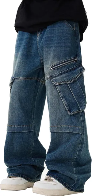 XYXIONGMAO Men's Black Hip Hop Washed Vintage Denim Techwear Streetwear Patchwork Joggers Cargo Pants Multi-Pocket Sweatpants