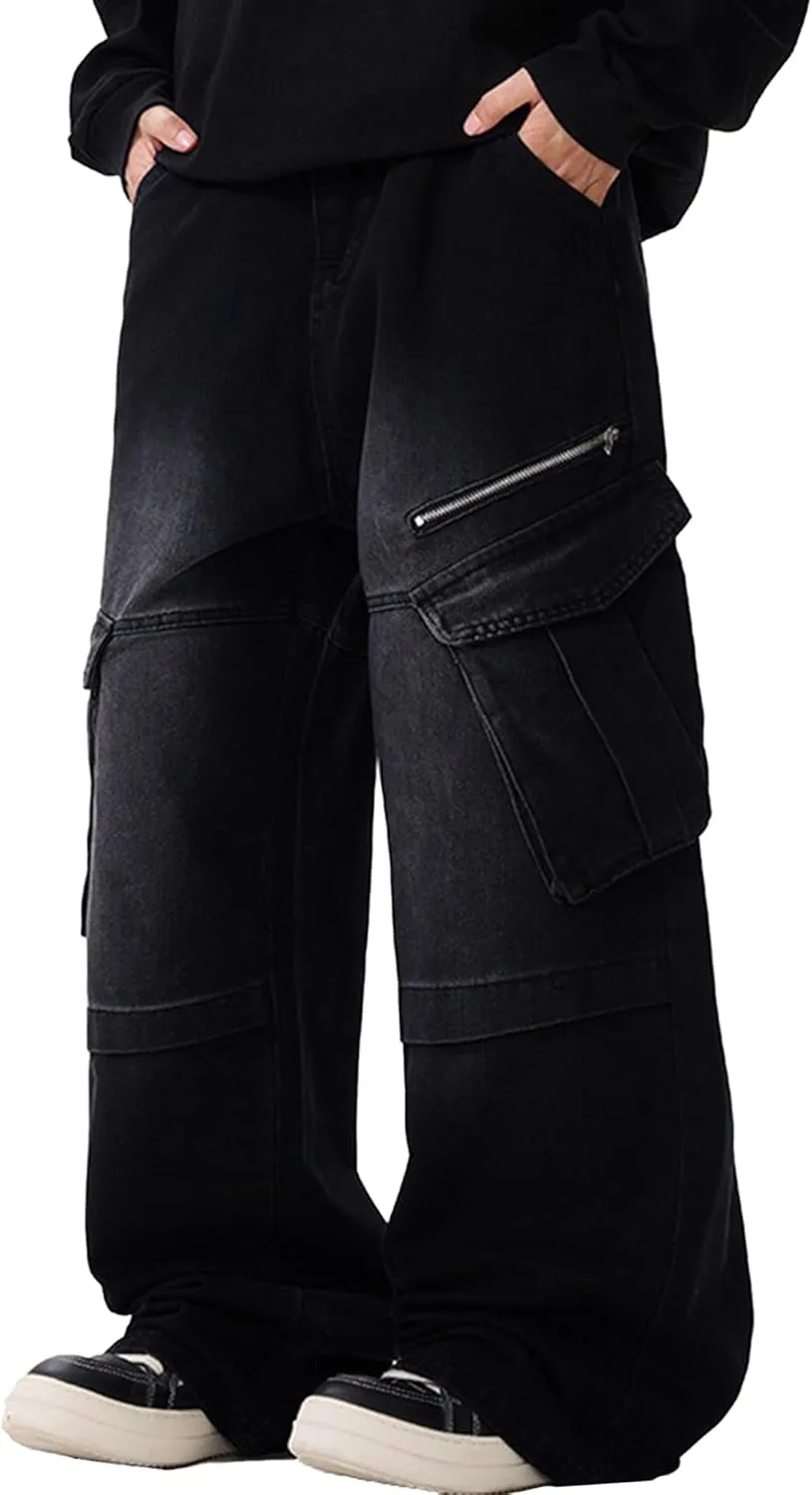 XYXIONGMAO Men's Black Hip Hop Washed Vintage Denim Techwear Streetwear Patchwork Joggers Cargo Pants Multi-Pocket Sweatpants