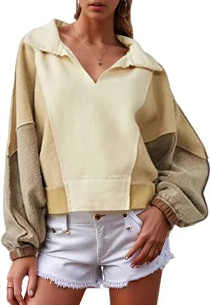 Yimoon Women Fleece Pullover V-Neck Sweatshirt Oversized Colorblock Shaker Long Sleeve Sweatshirts 2025 Spring Y2k Outfits (Khaki-L)
