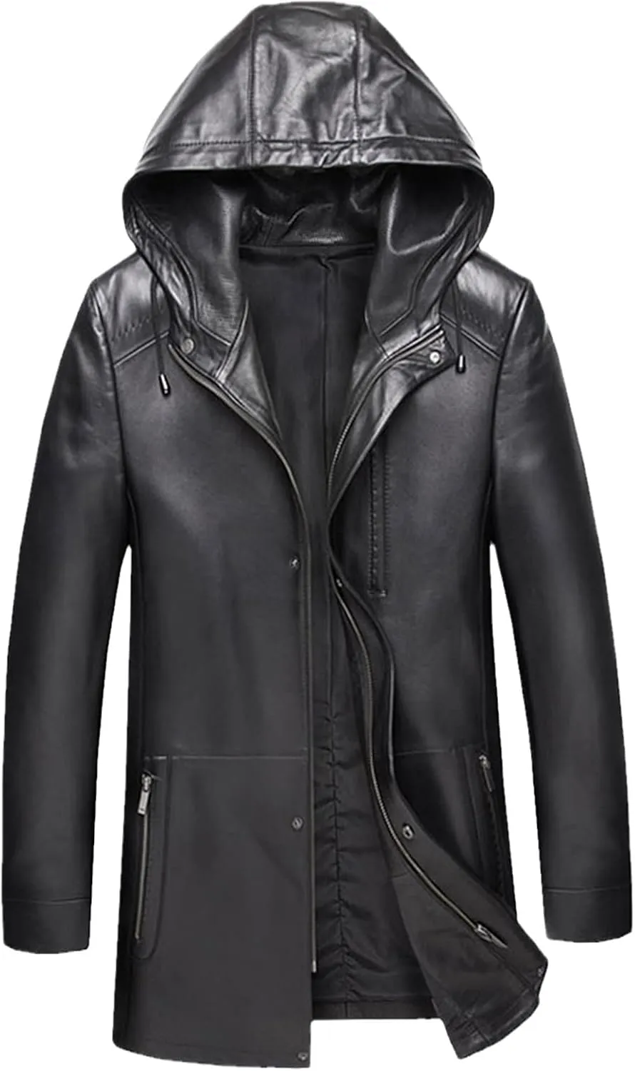 Yiqinyuan Men Leather Jacket Hooded Leather Jackets Big Size Casual Jacket Black