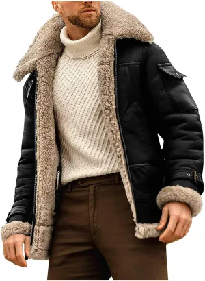 Ymosrh Men's Leather Jacket Faux Sherpa Lined Bomber Jacket Winter Warm Turn-Down Collar Coats Jackets, M-5XL