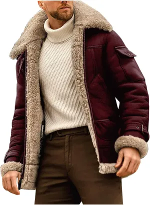 Ymosrh Men's Leather Jacket Faux Sherpa Lined Bomber Jacket Winter Warm Turn-Down Collar Coats Jackets, M-5XL