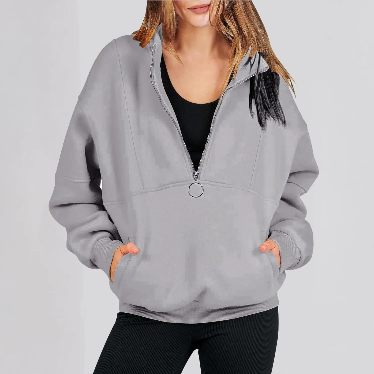 Zipper Hoodies For Women Fall Fashion 2023 Half Zip Up Lone Sleeve Oversized Sweatshirts Y2K Clothes Teen Girls