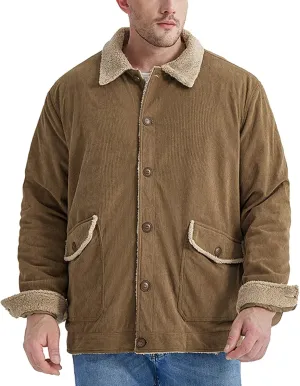 ZYXTIM Sherpa Lined Corduroy Trucker Jacket for Men Vintage Bomber Jacket Buttons Warm Winter Jackets Outerwear with Pockets